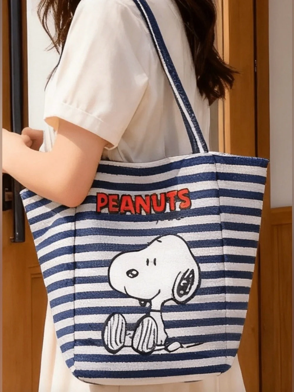 Peanuts Navy & White Striped Canvas Tote with Snoopy and Red Logo - Picture 4 of 10